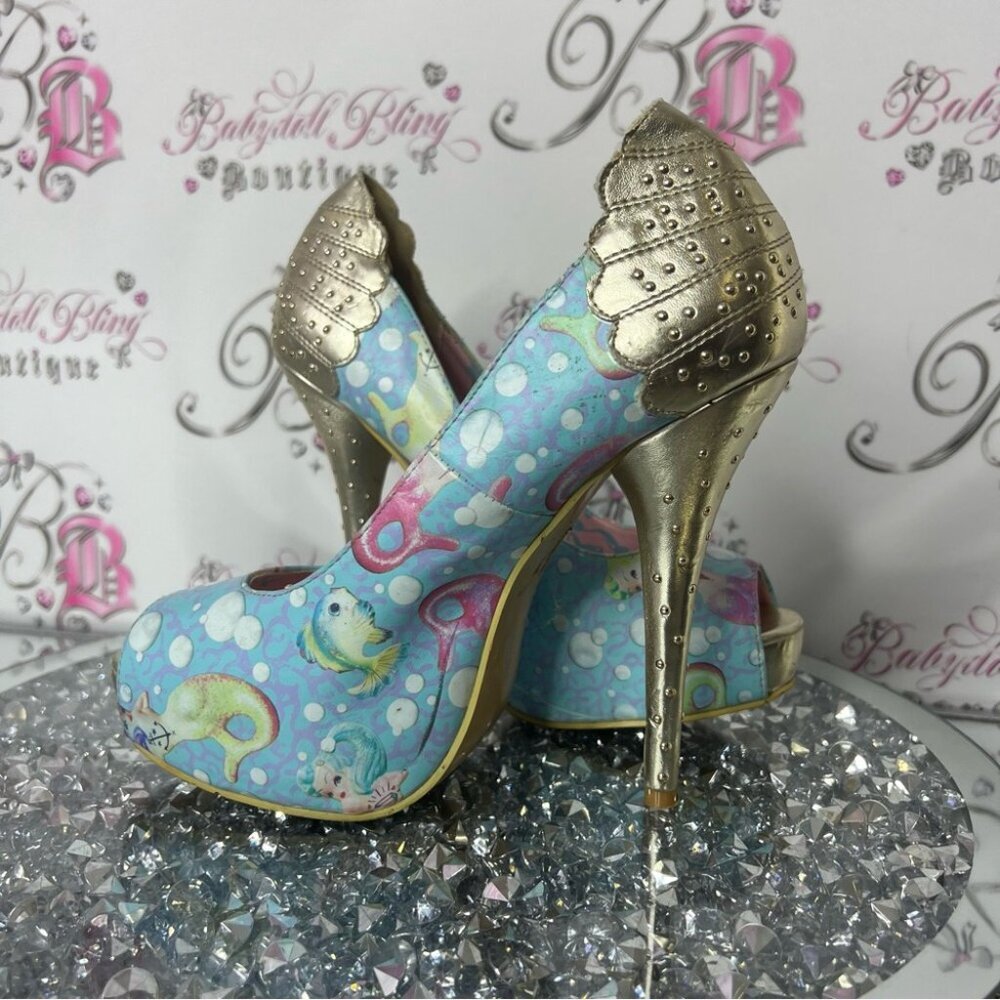 Iron Fist Lollipop Lorelei Peep Toe Platform mermaid Gold Blue Heels shoes - Picture 5 of 9